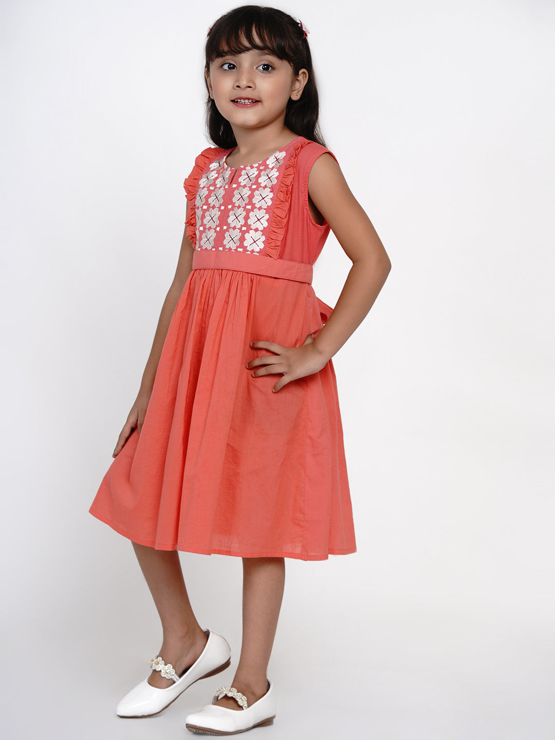 Bitiya By Bhama Girls Peach-Coloured Embroidered Fit And Flare Dress