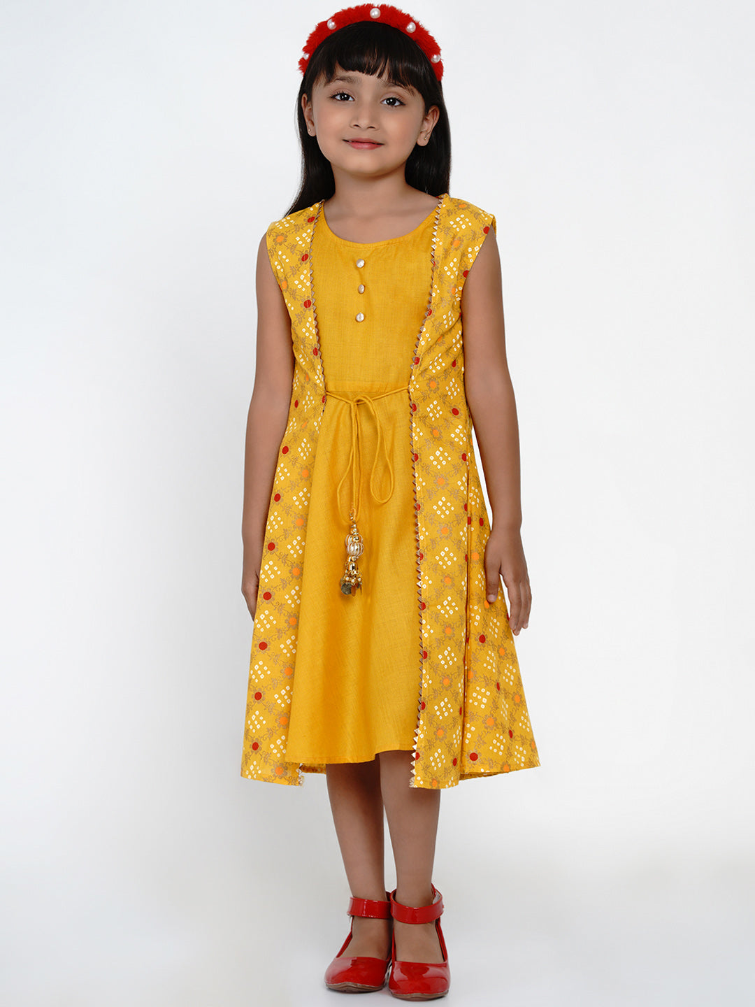 Bitiya By Bhama Girls Yellow Printed A-Line Dress