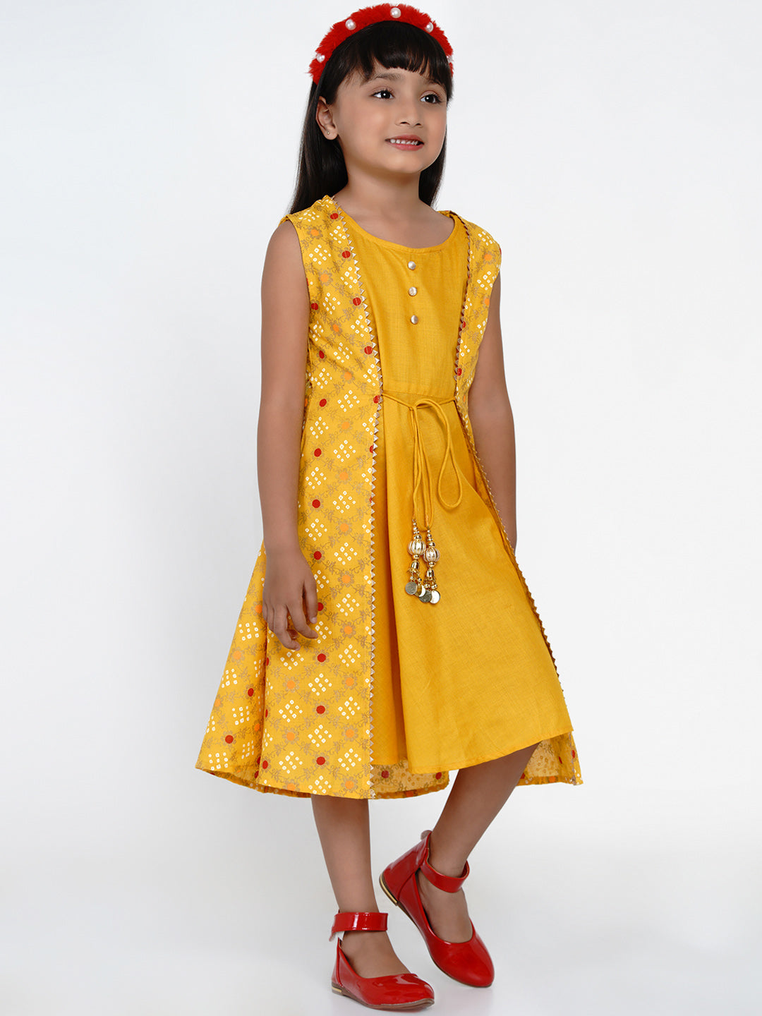 Bitiya By Bhama Girls Yellow Printed A-Line Dress