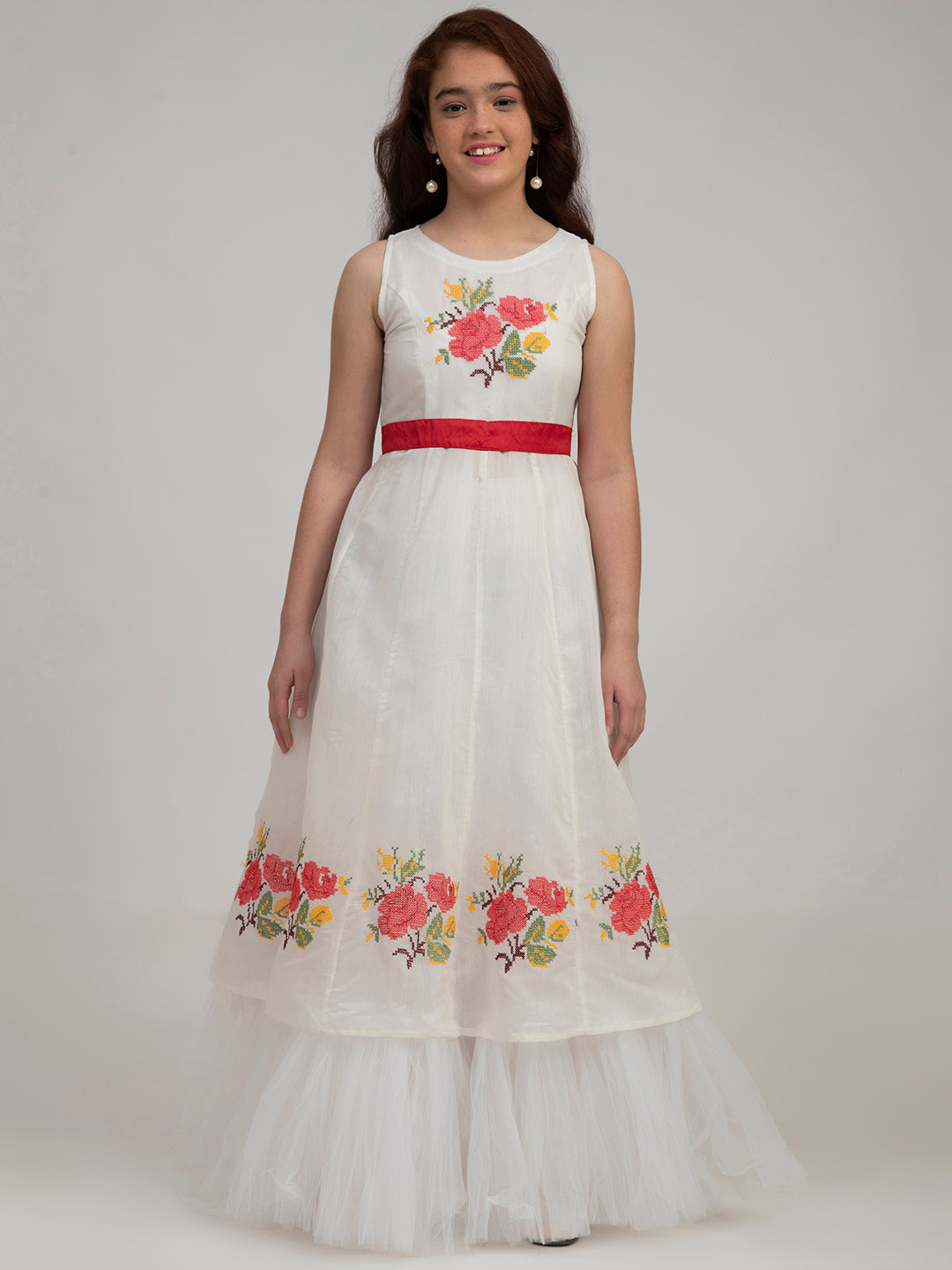 Bitiya By Bhama Girls Off-White Floral Embroidered Fit & Flare Dress