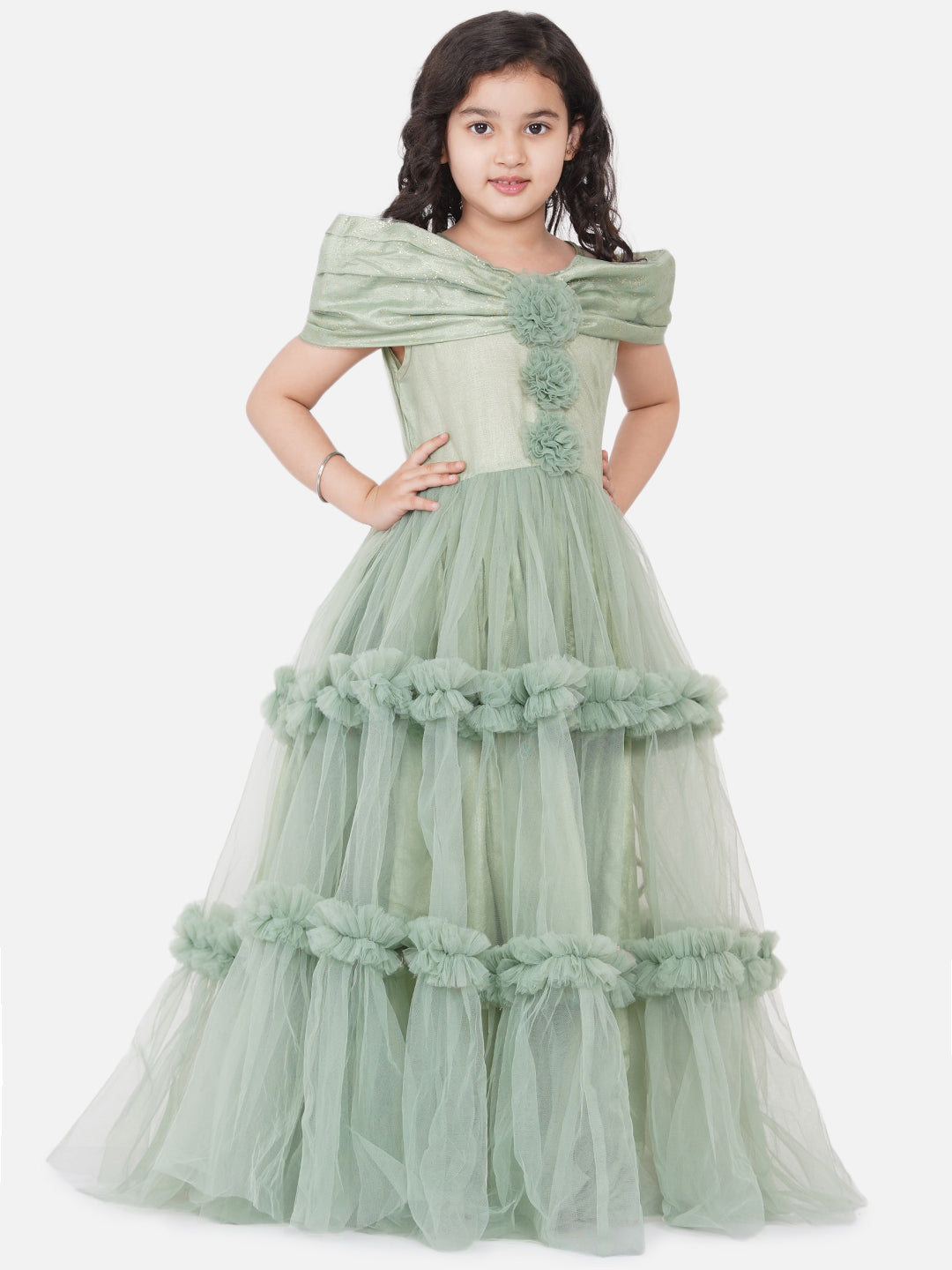 Bitiya By Bhama Girls Green Embellished Net Fit & Flare Dress