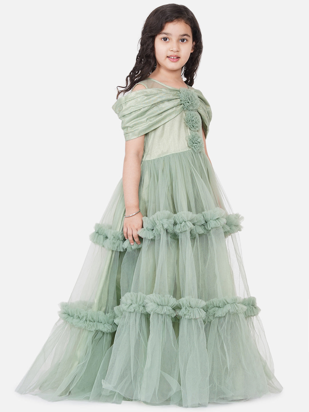 Bitiya By Bhama Girls Green Embellished Net Fit & Flare Dress