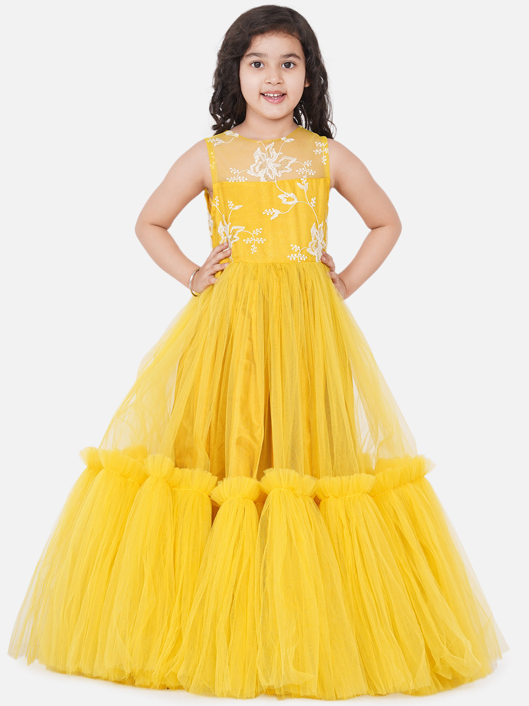 Bitiya By Bhama Yellow Net Embroidered Gown Dress.
