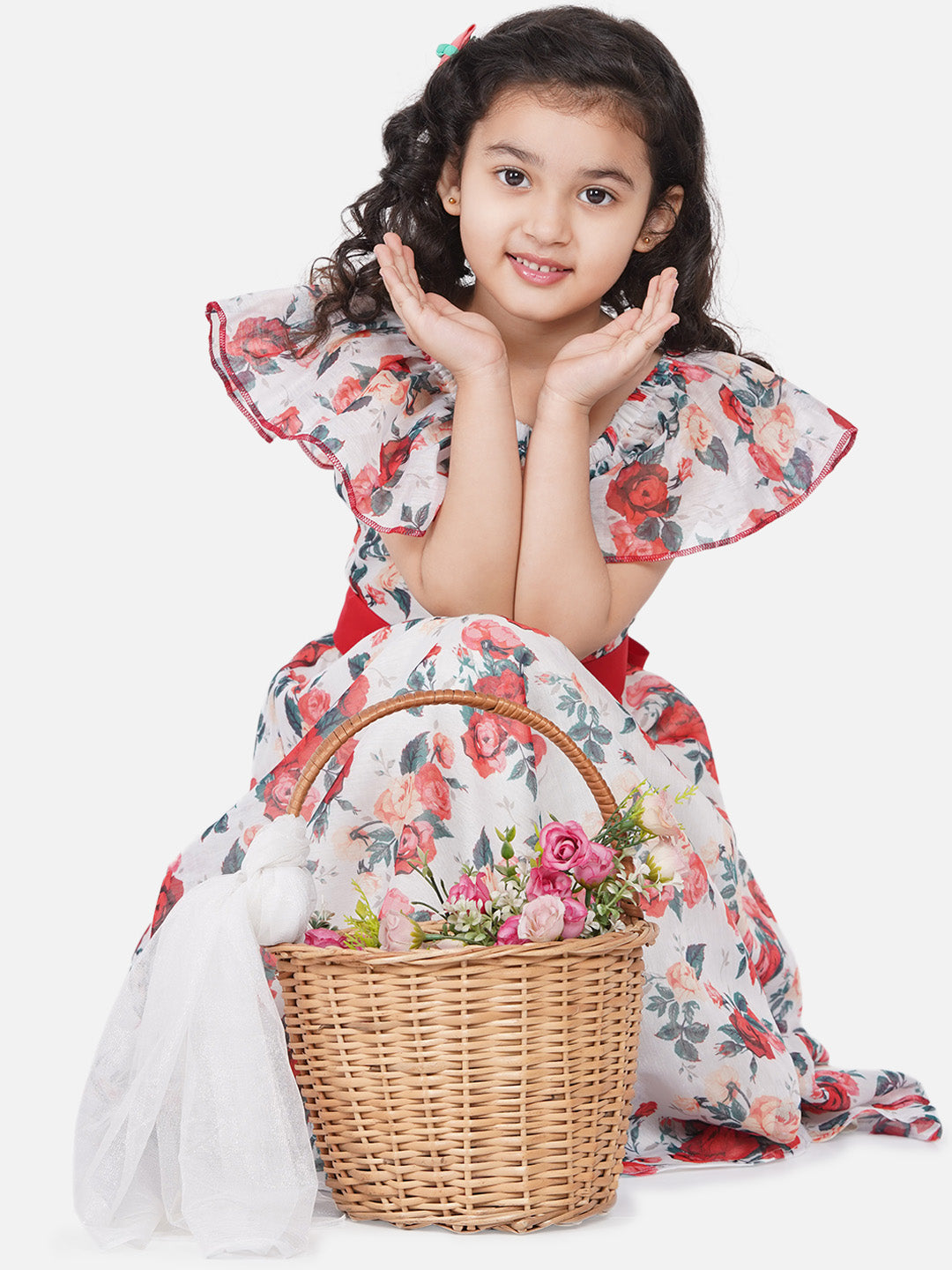 Bitiya By Bhama Girls White Chanderi Floral Print Fit & Flare Gwon