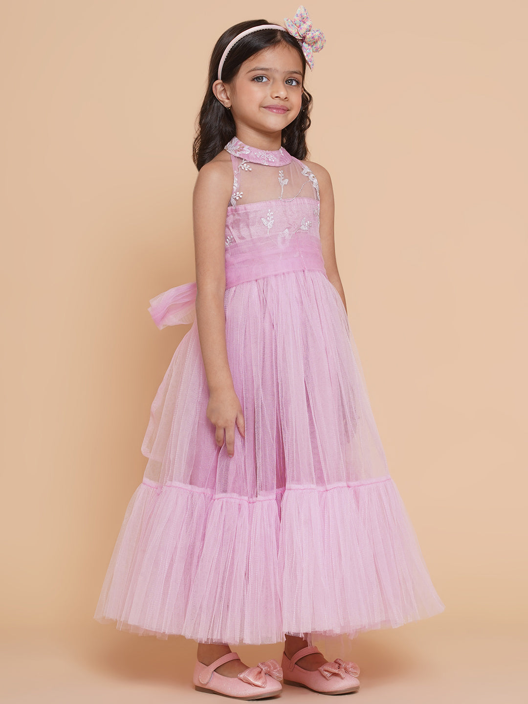 Bitiya By Bhama Girls Pink Net Floral Embroidered Gown