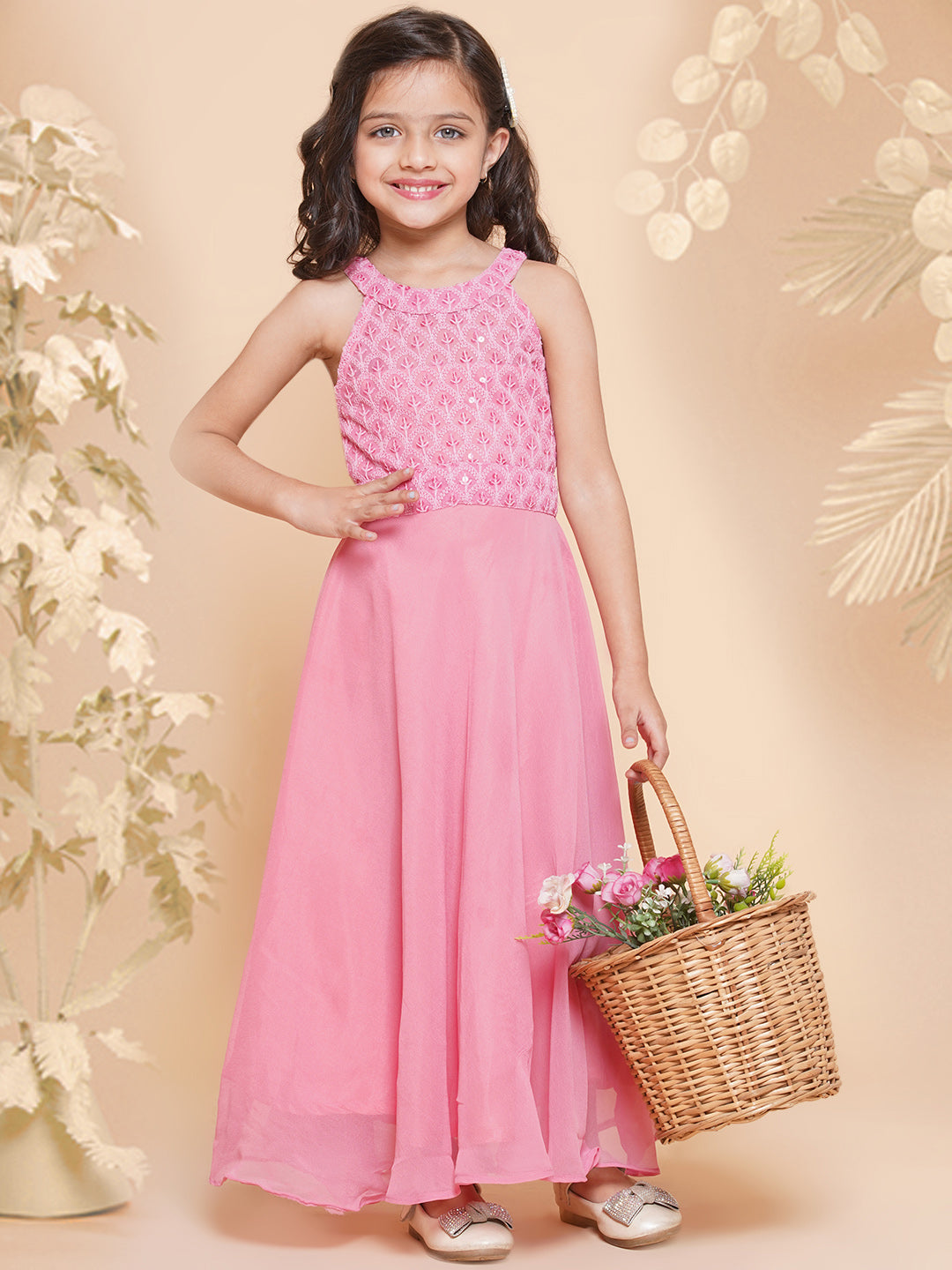 Bitiya By Bhama Girls Pink Embroidered Sequence Yoke Fit & Flared Maxi Dress.