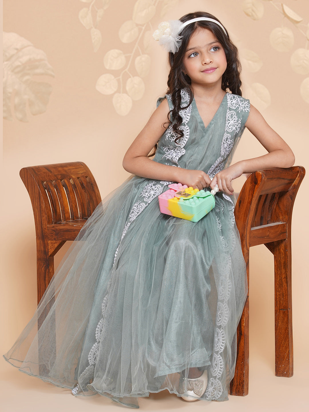 Bitiya By Bhama Girls Green Net Embroidered Fit & Flare Gown.