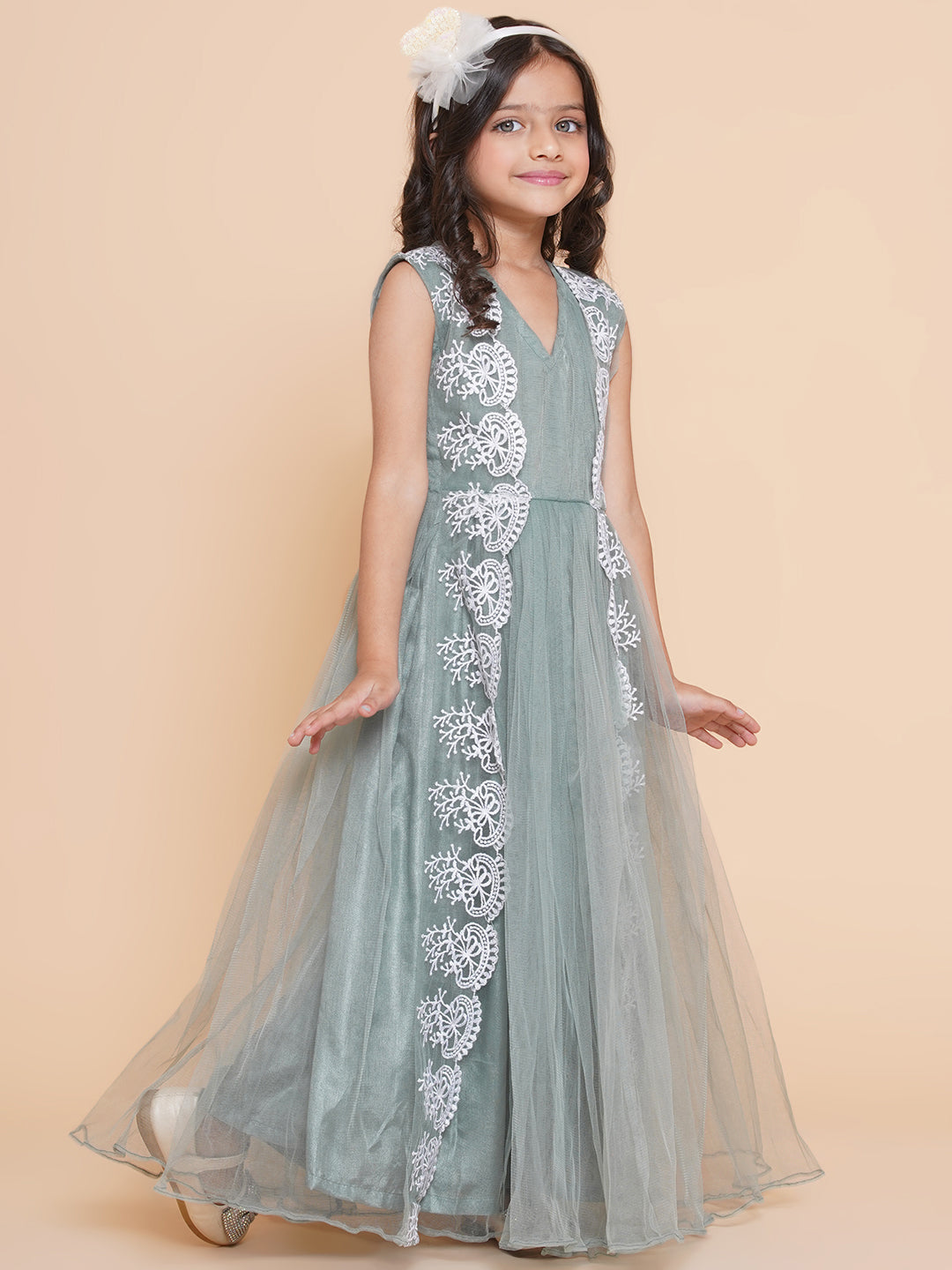 Bitiya By Bhama Girls Green Net Embroidered Fit & Flare Gown.