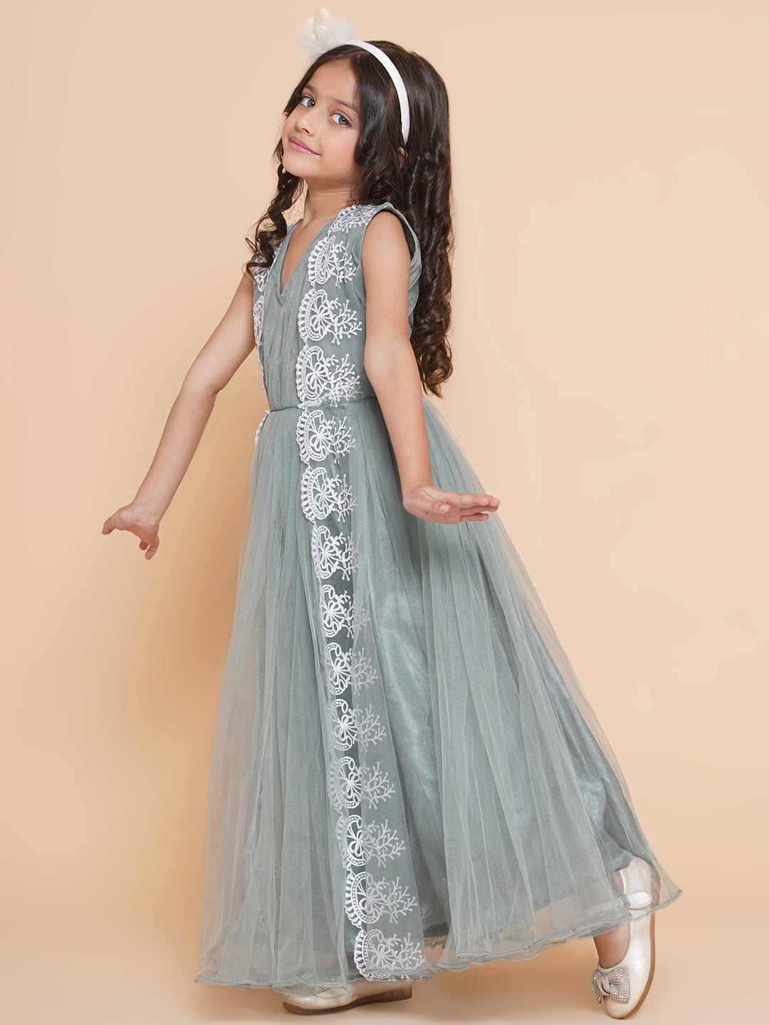 Bitiya By Bhama Girls Green Net Embroidered Fit & Flare Gown.