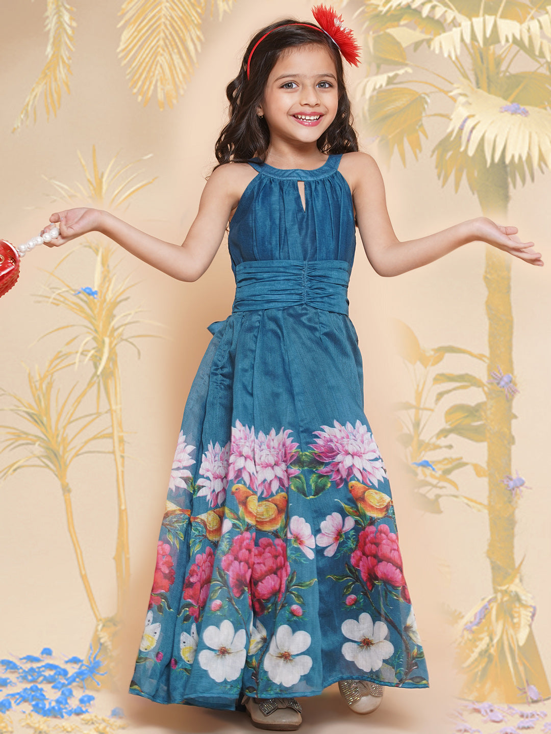 Bitiya By Bhama Girls Blue Flower Digital Printed Fit & Flared Maxi Dress.