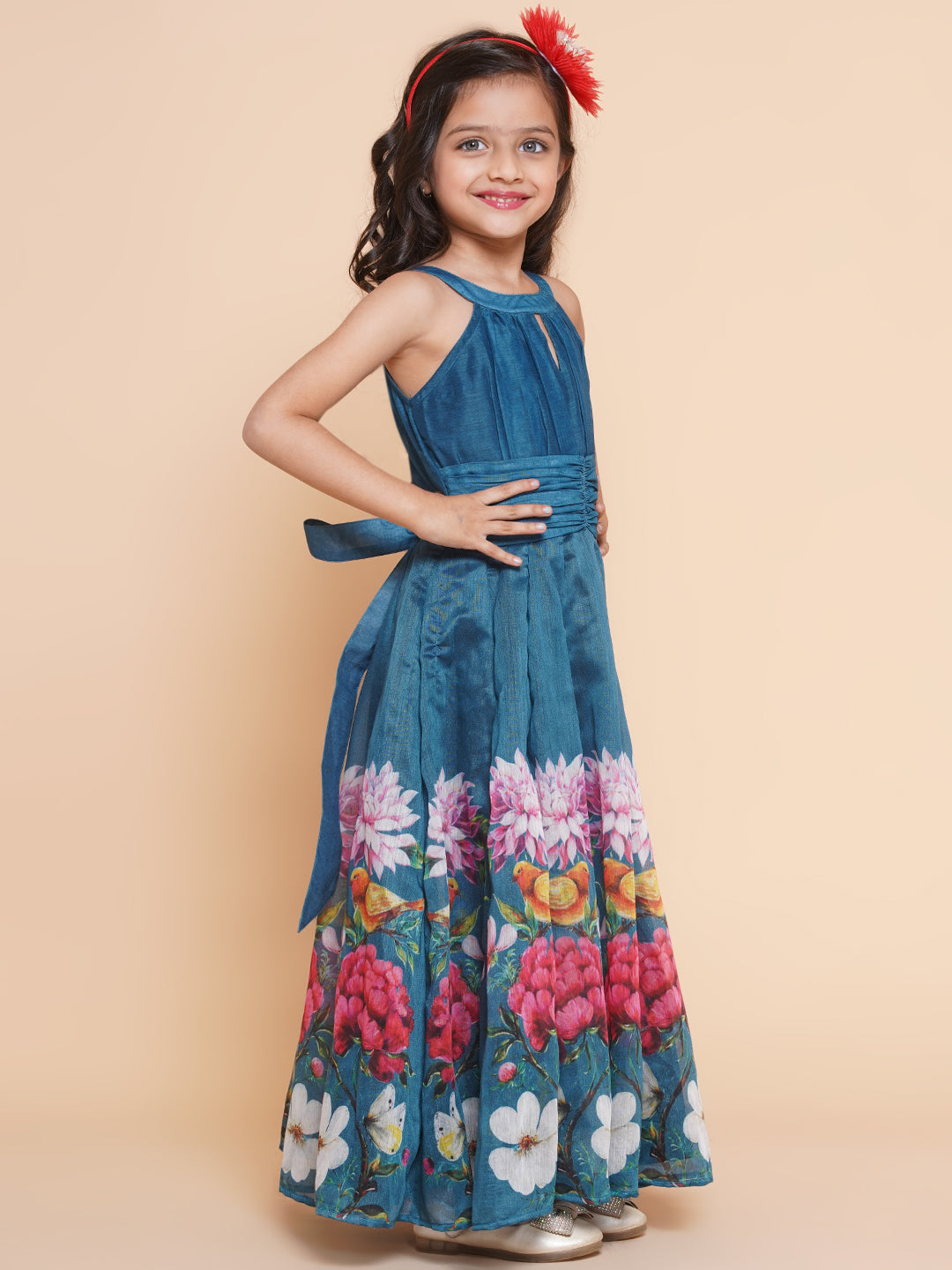 Bitiya By Bhama Girls Blue Flower Digital Printed Fit & Flared Maxi Dress.