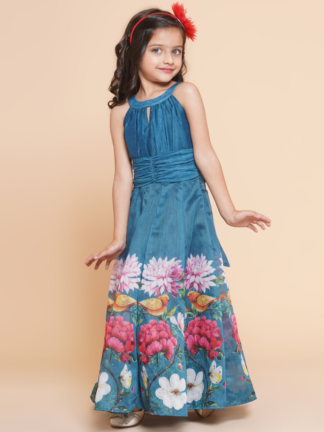 Bitiya By Bhama Girls Blue Flower Digital Printed Fit & Flared Maxi Dress.