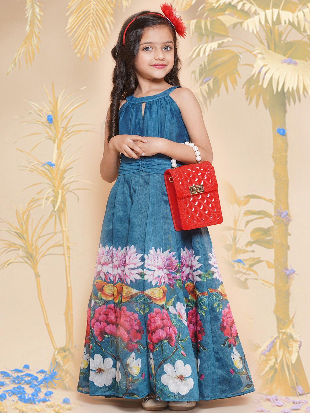 Bitiya By Bhama Girls Blue Flower Digital Printed Fit & Flared Maxi Dress.