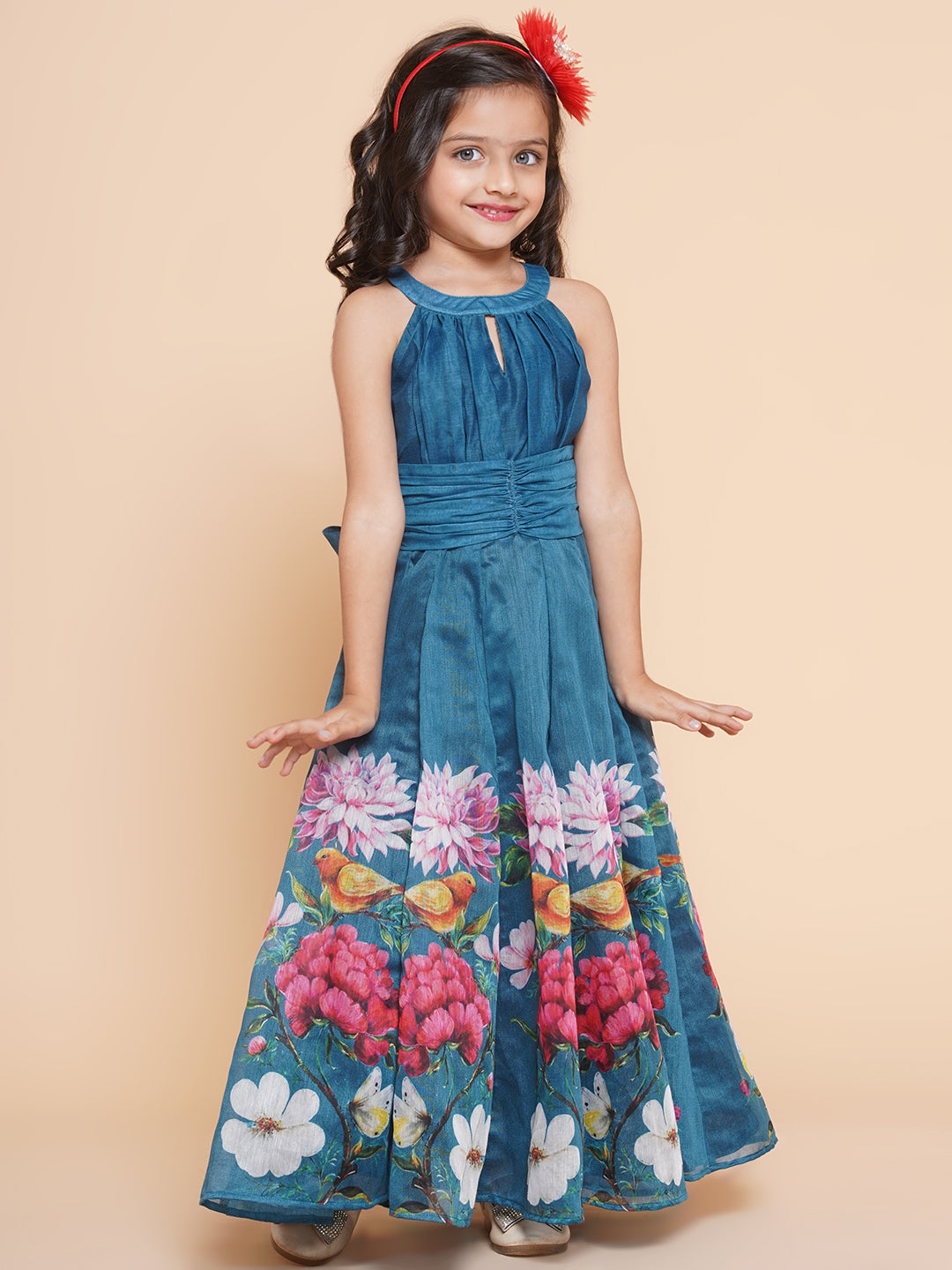 Bitiya By Bhama Girls Blue Flower Digital Printed Fit & Flared Maxi Dress.