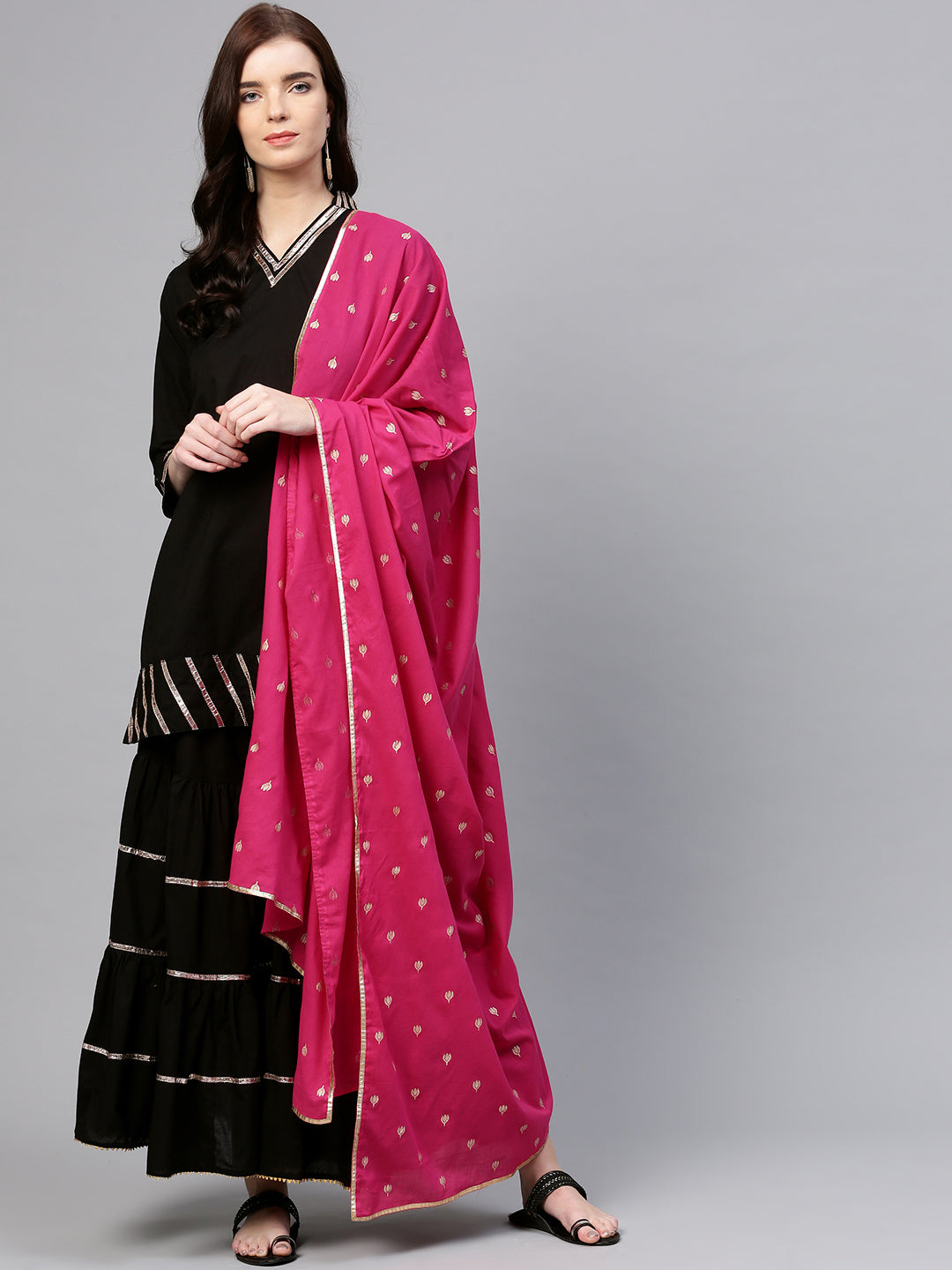 Black And Pink Solid Kurta With Sharara And Dupatta.