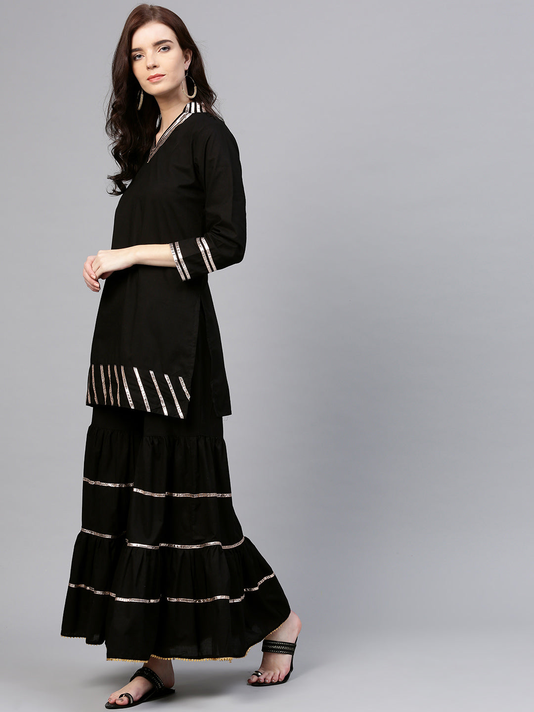 Black And Pink Solid Kurta With Sharara And Dupatta.