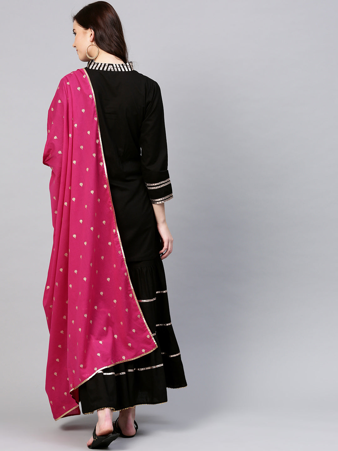 Black And Pink Solid Kurta With Sharara And Dupatta.