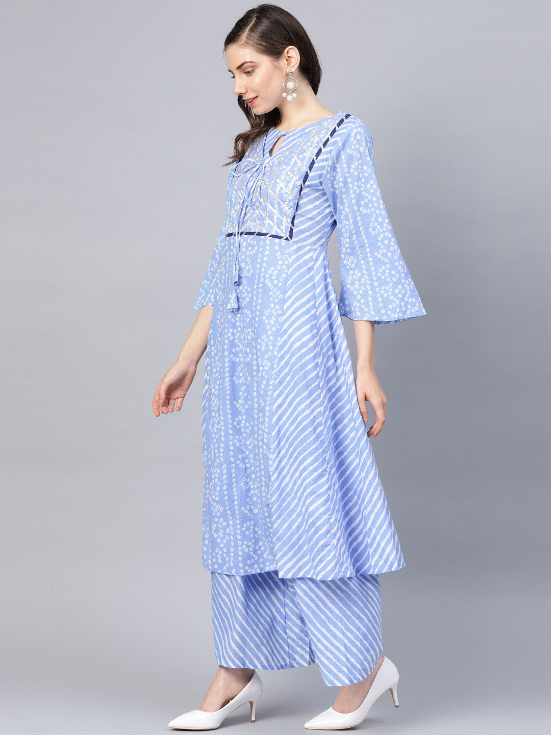 Blue And White Bandhani Print Kurta With Palazzos