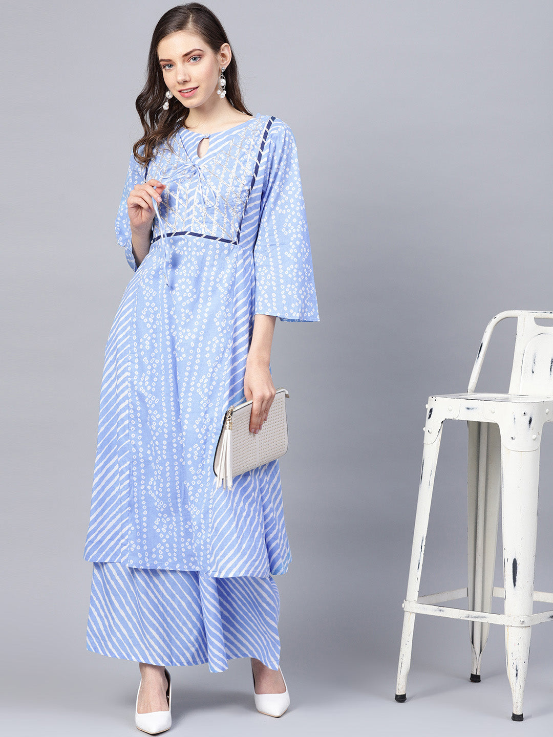 Blue And White Bandhani Print Kurta With Palazzos