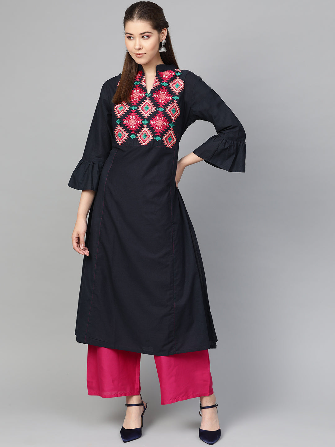 Bhama Couture Women Navy Blue & Pink Embroidered Pure Cotton Kurta with Palazzos