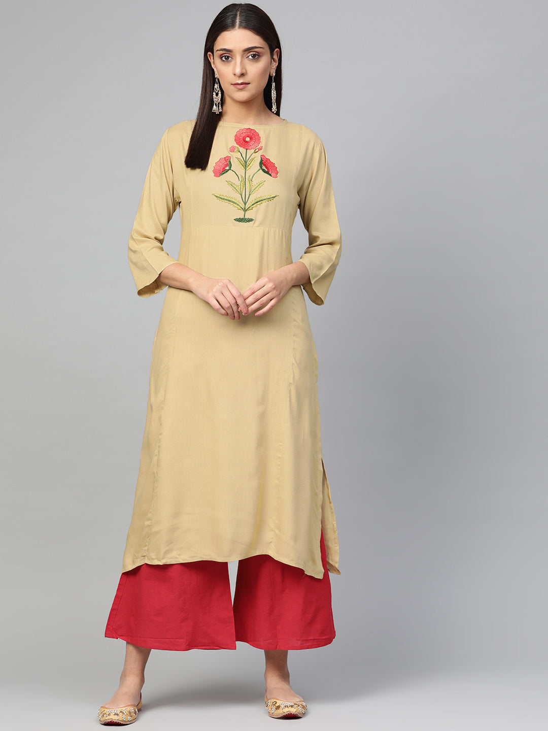 Bhama Couture Women Beige Floral Yoke Design Kurta with Palazzos