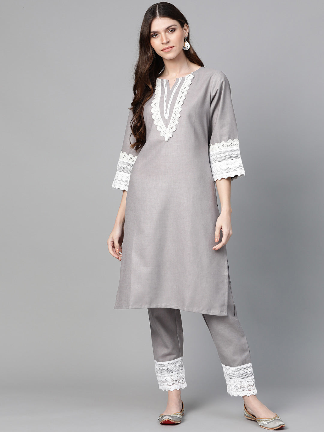 Grey Solid Kurta & Trousers With Lace Insert Detail