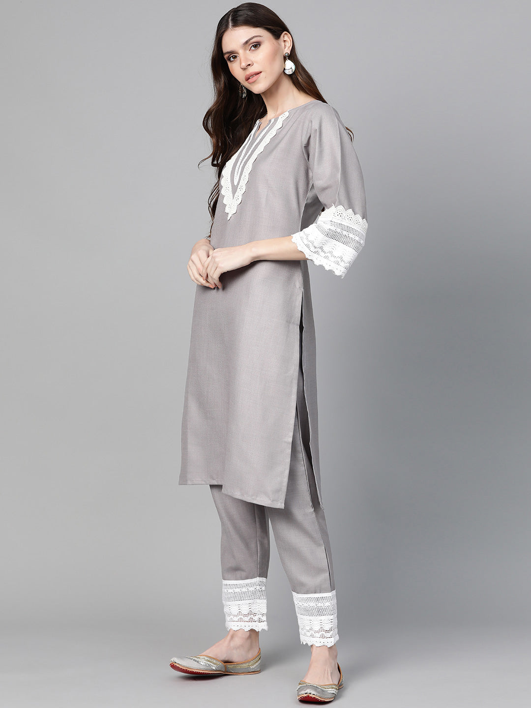 Grey Solid Kurta & Trousers With Lace Insert Detail