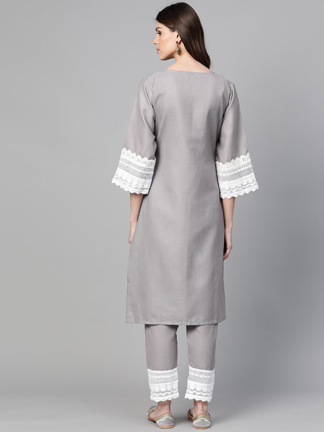 Grey Solid Kurta & Trousers With Lace Insert Detail