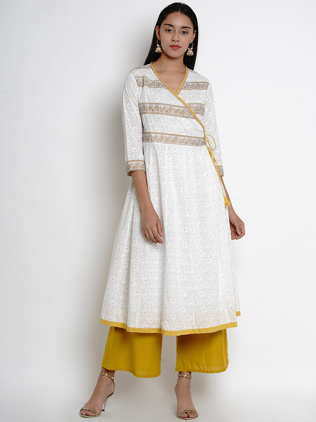 Bhama Couture Women White & Mustard Yellow Printed Kurta with Palazzos