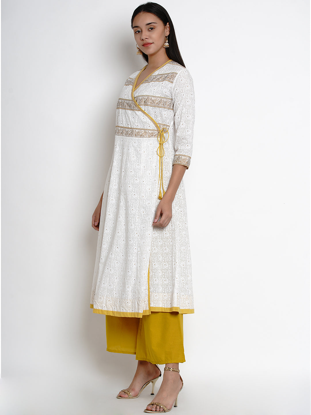 Bhama Couture Women White & Mustard Yellow Printed Kurta with Palazzos