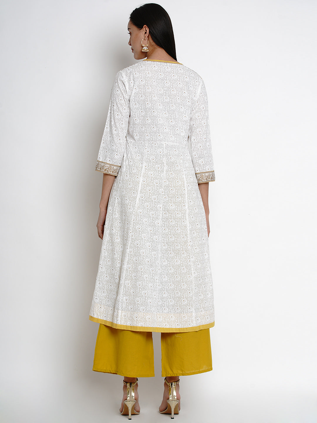 Bhama Couture Women White & Mustard Yellow Printed Kurta with Palazzos