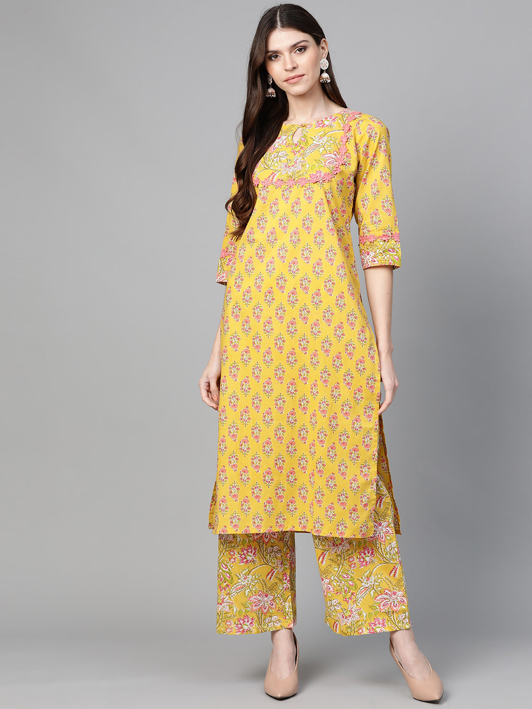 Mustard Yellow And Coral Pink Floral Print Kurta With Palazzos