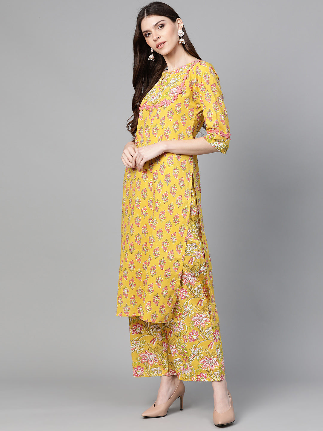 Mustard Yellow And Coral Pink Floral Print Kurta With Palazzos