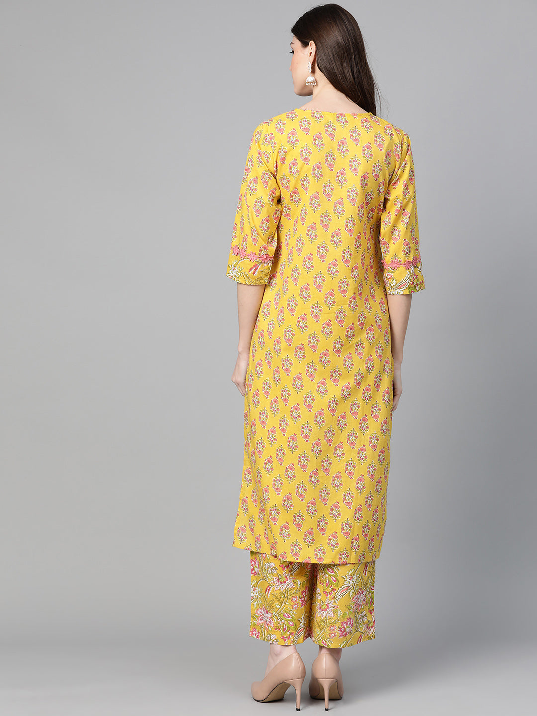 Mustard Yellow And Coral Pink Floral Print Kurta With Palazzos