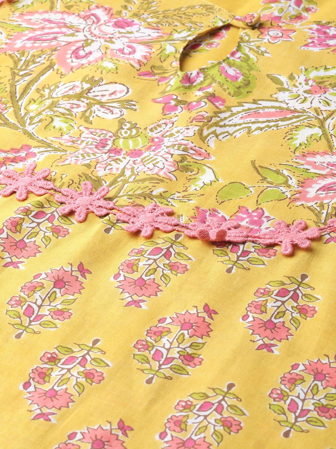 Mustard Yellow And Coral Pink Floral Print Kurta With Palazzos