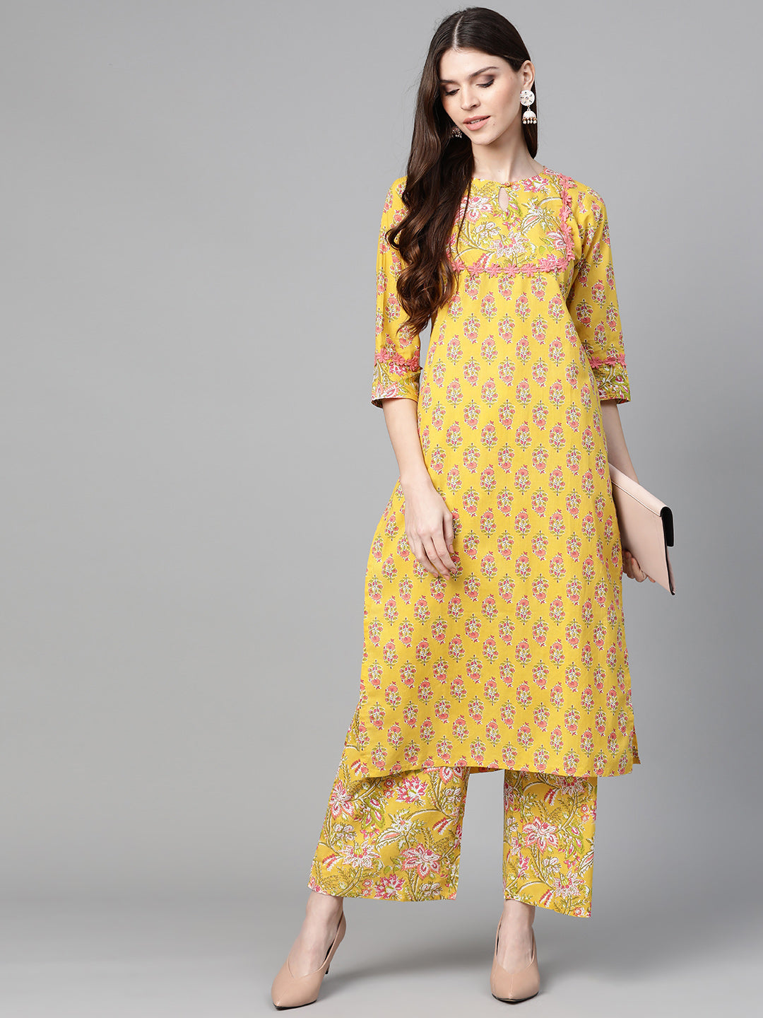 Mustard Yellow And Coral Pink Floral Print Kurta With Palazzos