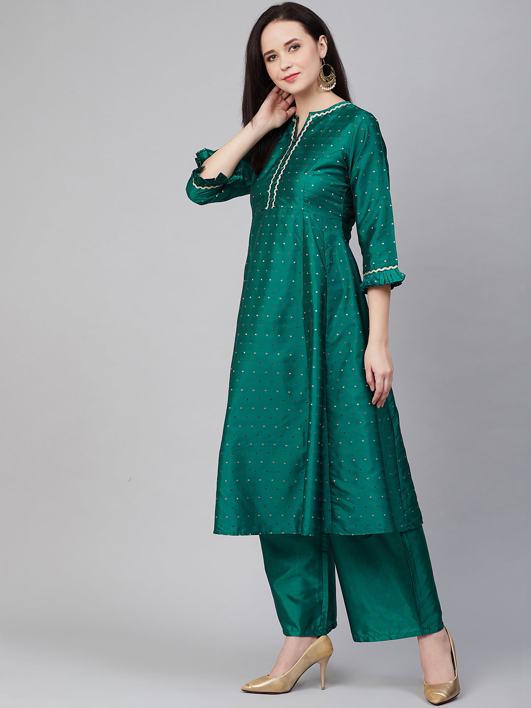 Green And Golden Woven Design Kurta With Palazzos