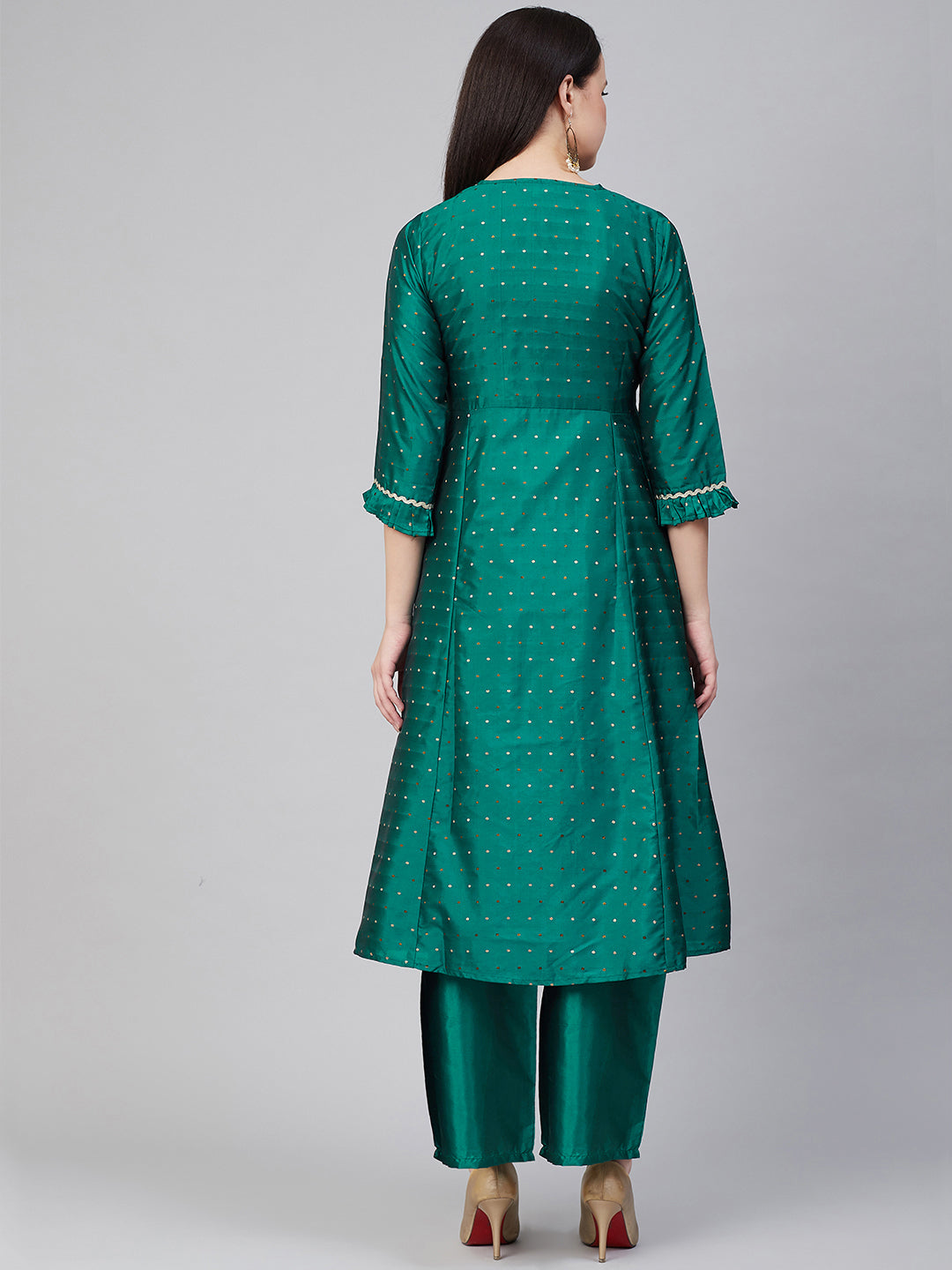 Green And Golden Woven Design Kurta With Palazzos