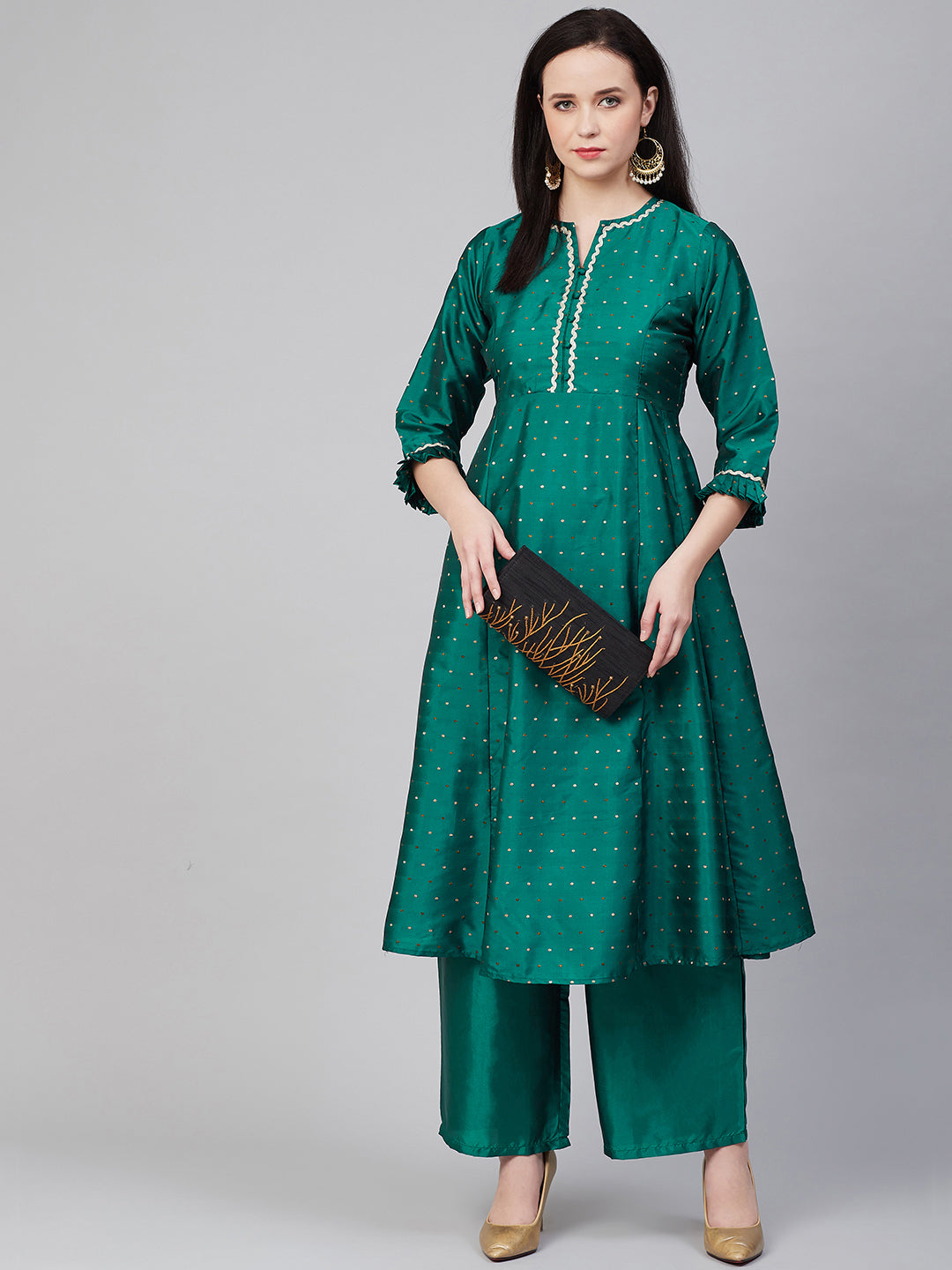 Green And Golden Woven Design Kurta With Palazzos