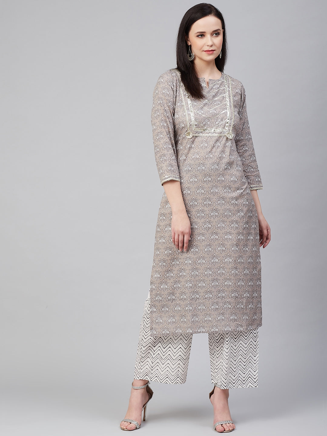 Grey & White Printed Kurta with Palazzos