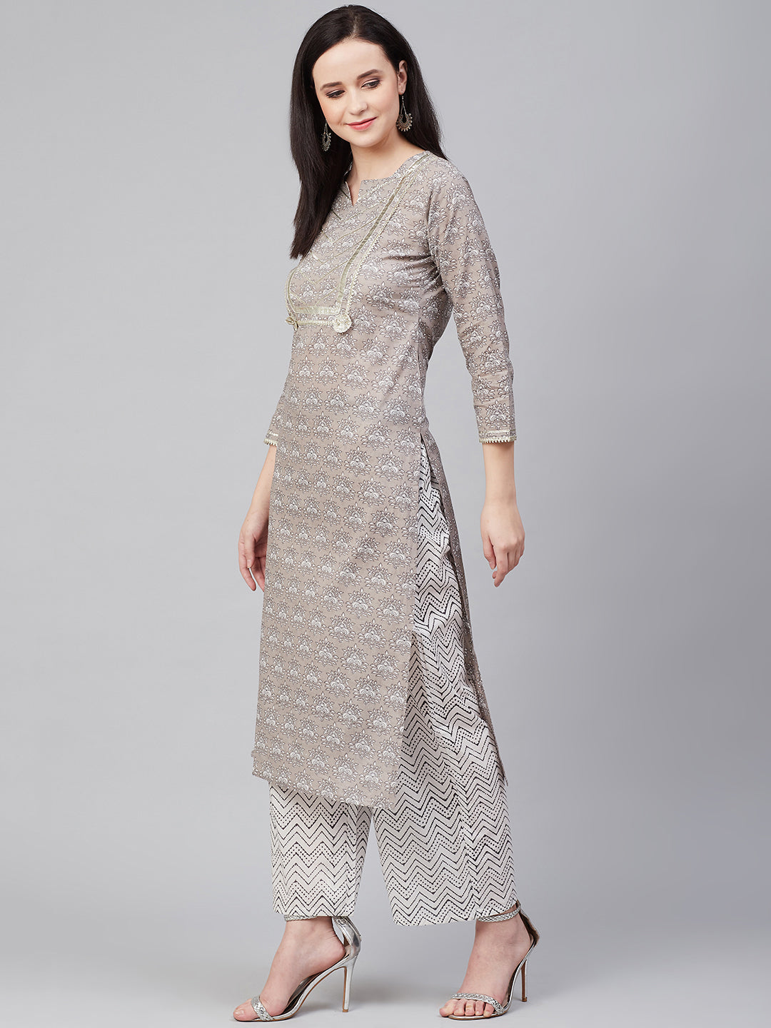 Grey & White Printed Kurta with Palazzos