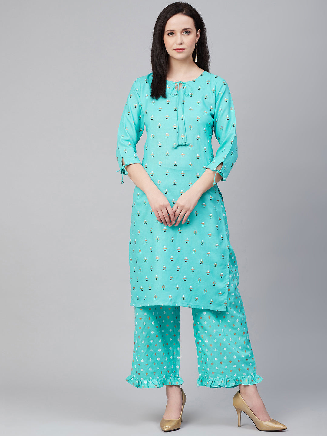 Bhama Couture Women Blue & Golden Block Print Kurta with Palazzos