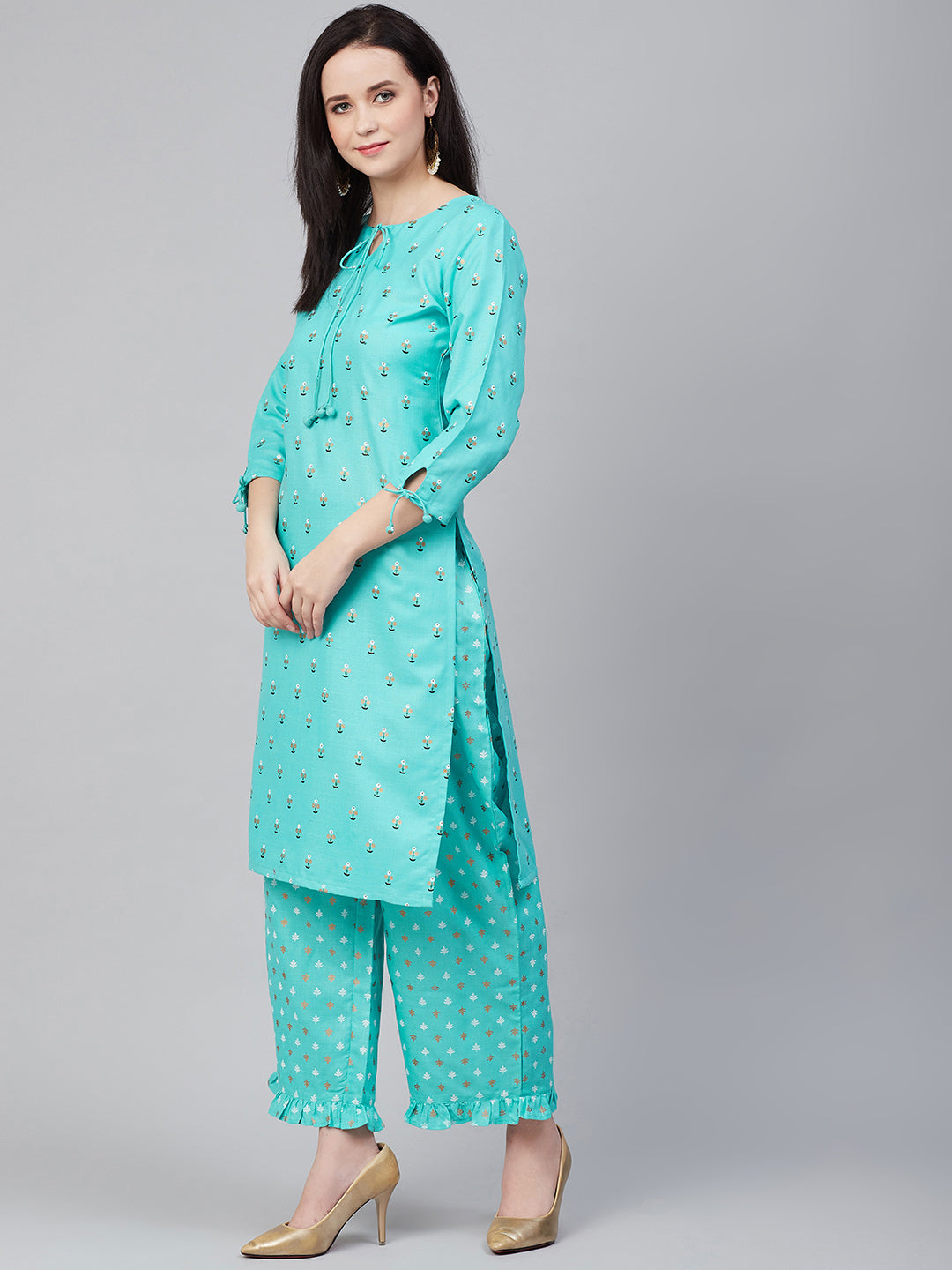 Bhama Couture Women Blue & Golden Block Print Kurta with Palazzos