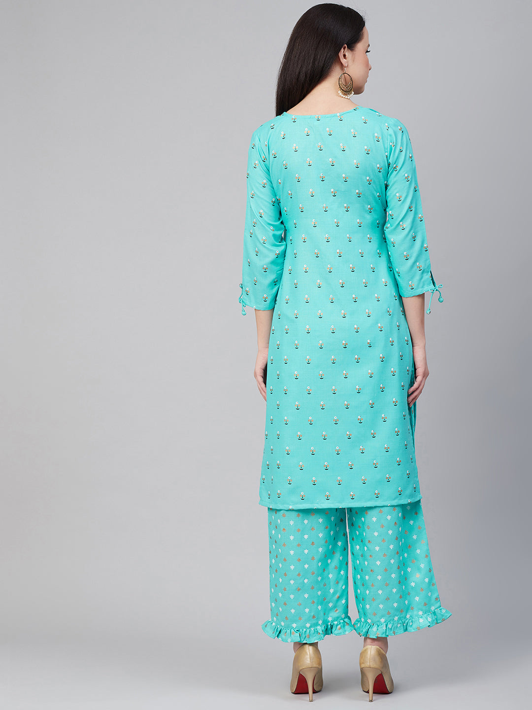 Bhama Couture Women Blue & Golden Block Print Kurta with Palazzos