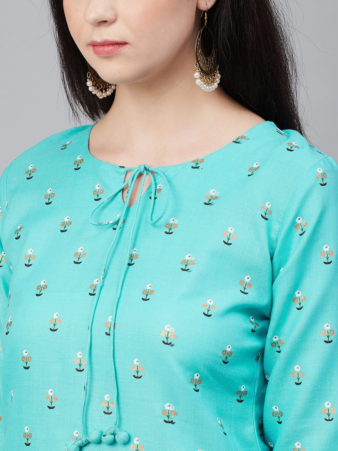 Bhama Couture Women Blue & Golden Block Print Kurta with Palazzos