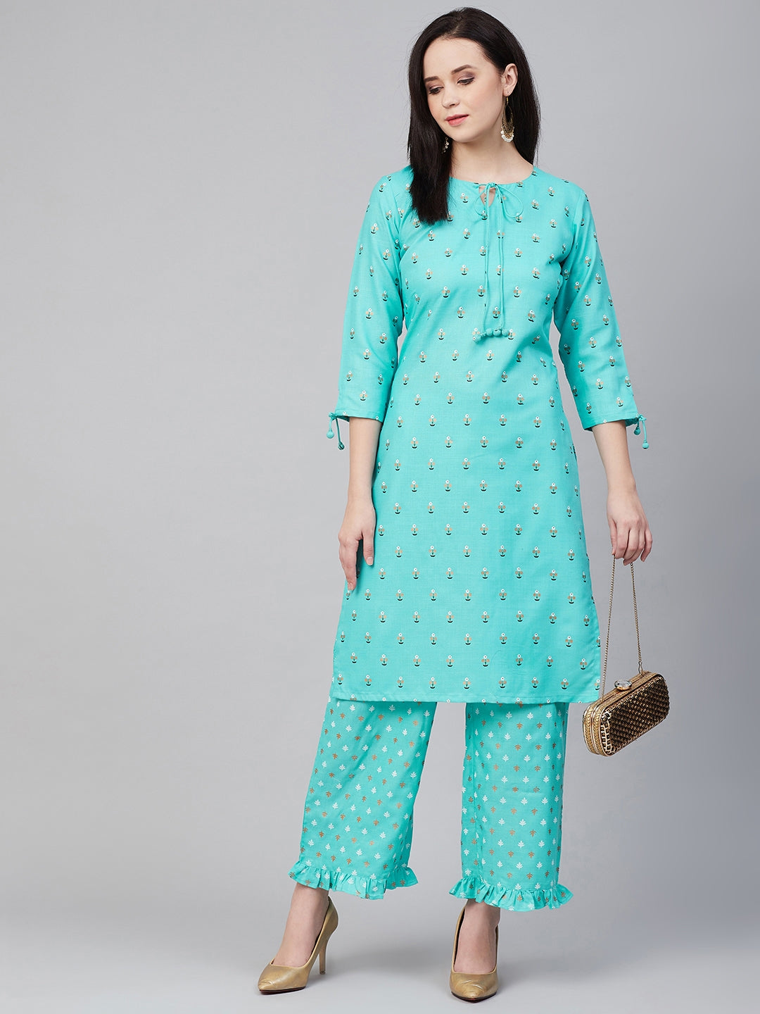 Bhama Couture Women Blue & Golden Block Print Kurta with Palazzos