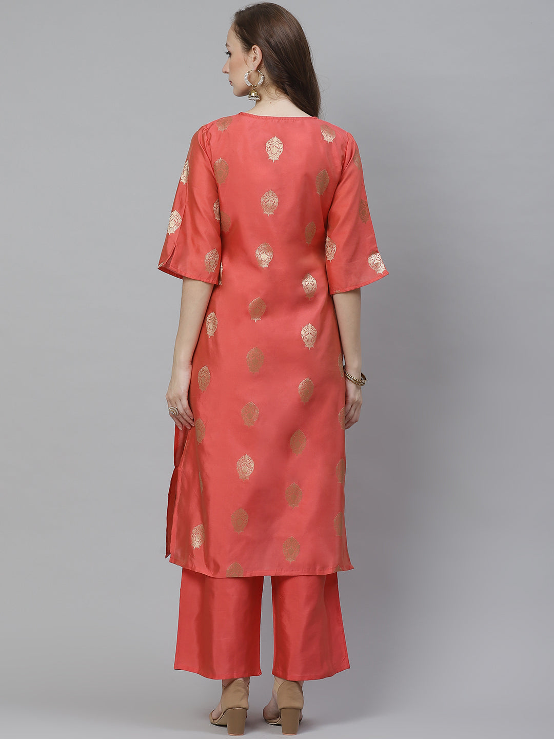 Coral pink and golden woven design kurta with palazzos