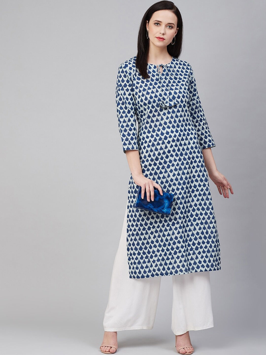 Blue & White Printed Cotton Kurta with Palazzos