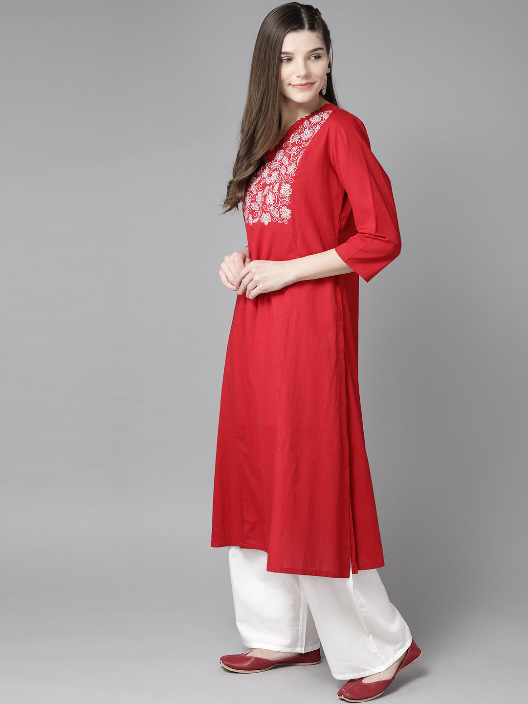 Red and white Embroidered solid kurta with palazzos