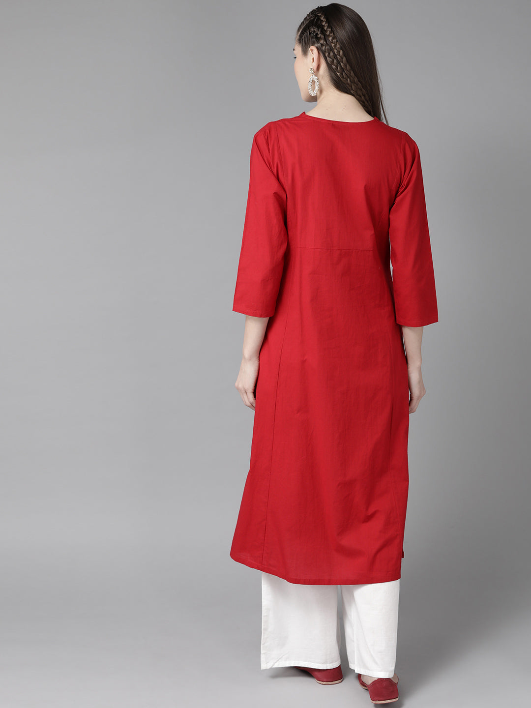 Red and white Embroidered solid kurta with palazzos